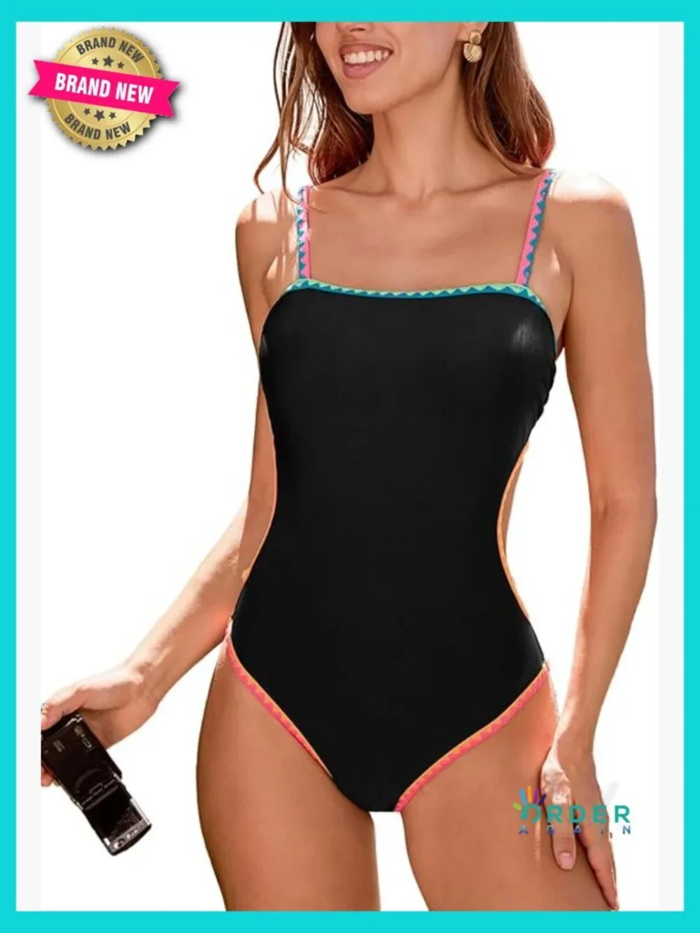 Color Block One Piece Swimsuit Square Neck Cutout Back Self Tie Adjustable